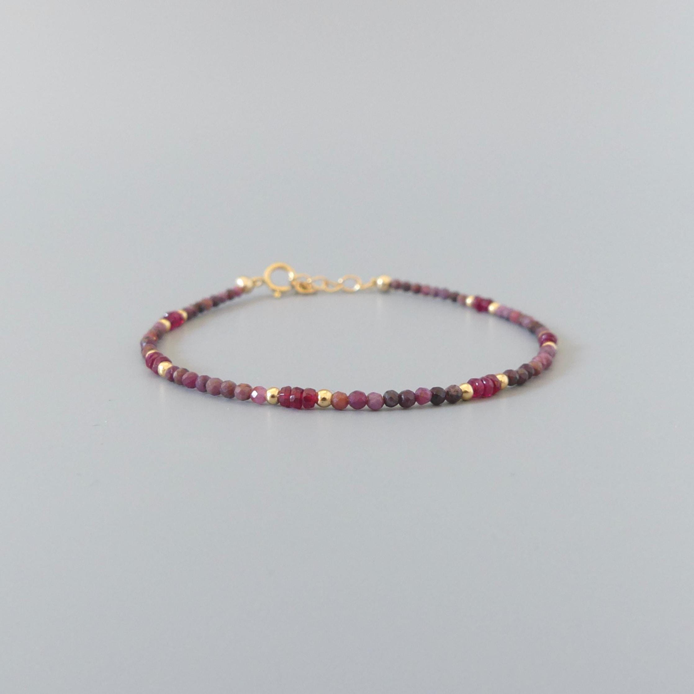 Tiny Ruby Bracelet Dainty Longido Ruby Gold Filled Bead Bracelet Silver Stacking Thin Birthstone Jewelry July Birthday Gift for Women