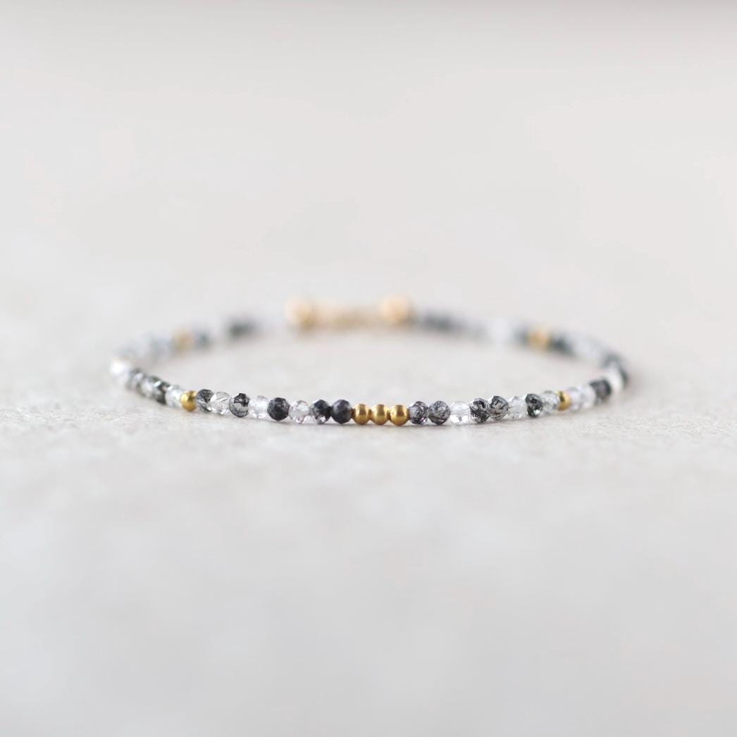 Tiny Rutilated Quartz Bracelet Dainty Tourmalinated Gemstone Beaded Crystal Jewelry Minimalist Stacking Bracelet Birthday Gift Daughter Wife