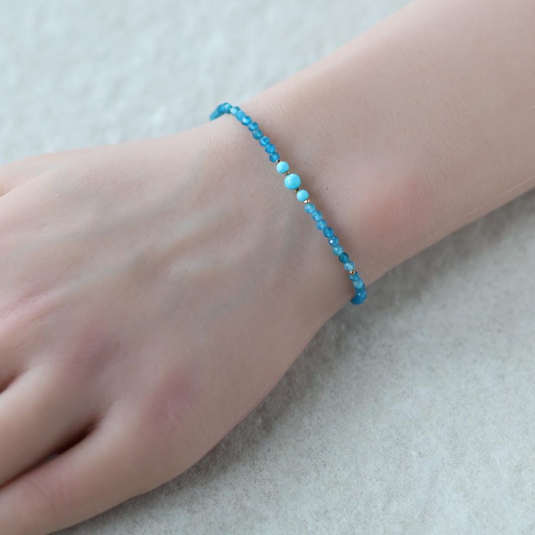 Tiny Sleeping Beauty Turquoise Bracelet Dainty Apatite Gemstone Beaded Jewelry Minimalist Blue Crystal Birthday Gift December Birthstone