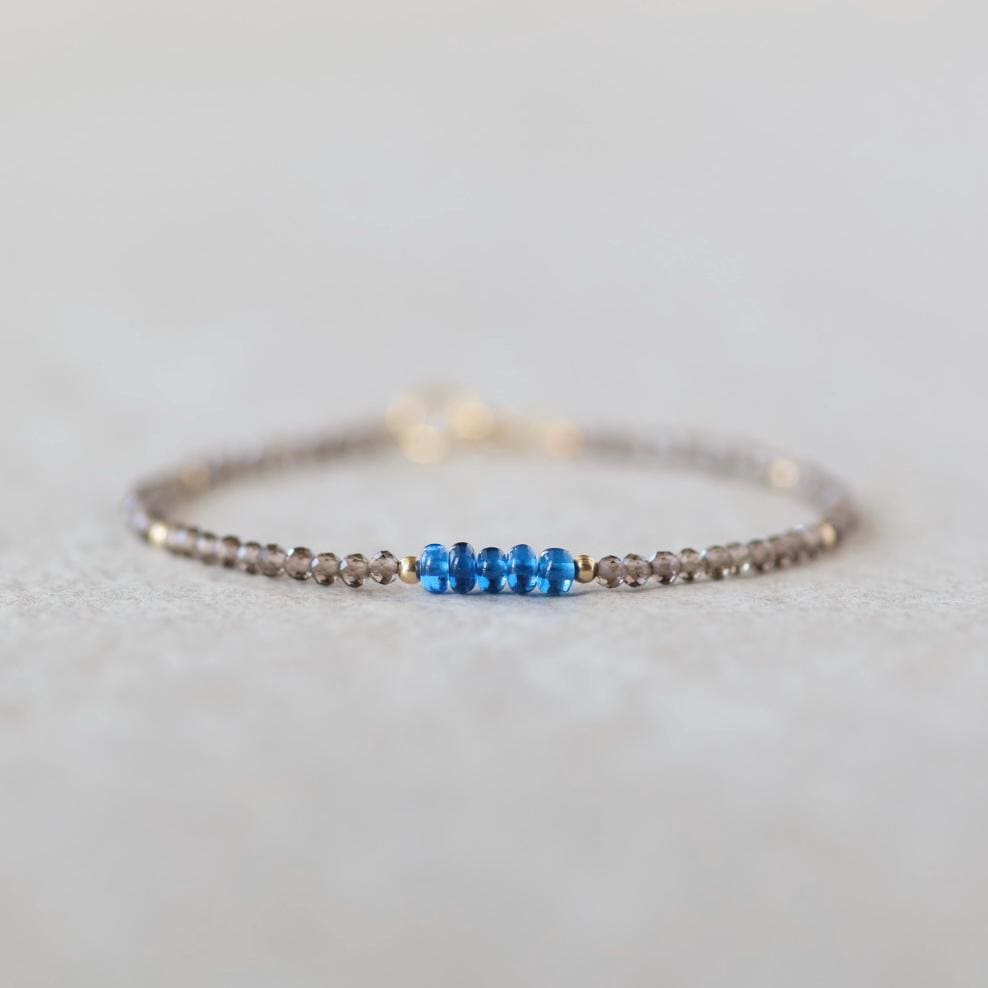 Tiny Sapphire Bracelet Smoky Quartz Dainty Gemstone Beaded Bracelet Crystal Minimalist Jewelry September Birthstone Gift for Women Wife
