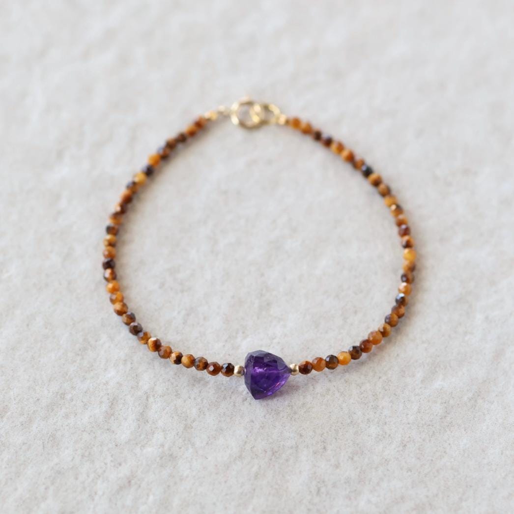 Tiny Amethyst Bracelet Tigers Eye Dainty Gold Filled Gemstone Purple Crystal Protection Jewelry February Birthstone Birthday Gift Mom Wife