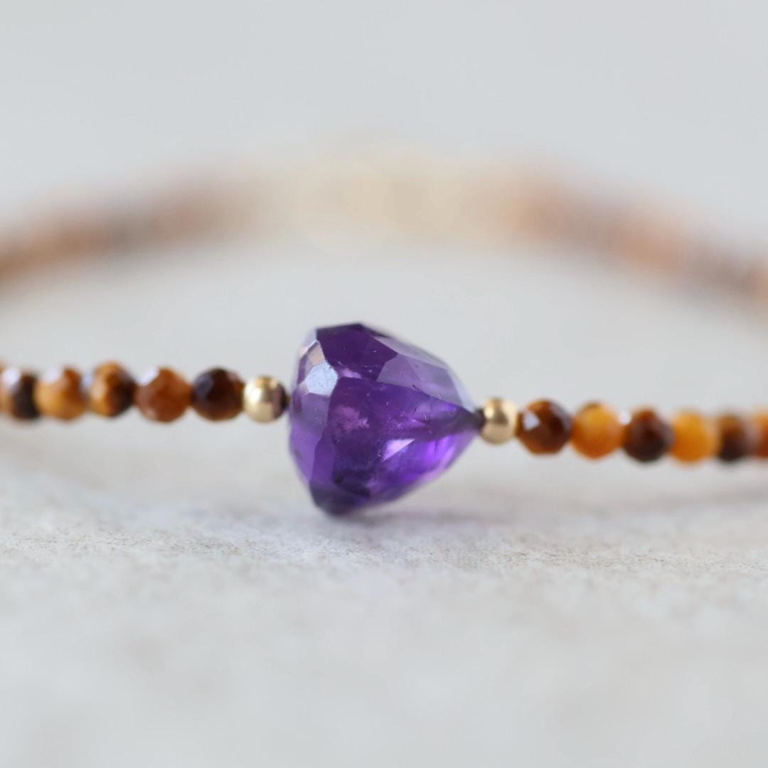 Tiny Amethyst Bracelet Tigers Eye Dainty Gold Filled Gemstone Purple Crystal Protection Jewelry February Birthstone Birthday Gift Mom Wife