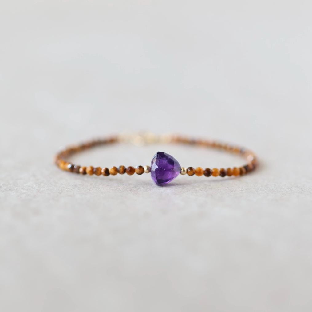Tiny Amethyst Bracelet Tigers Eye Dainty Gold Filled Gemstone Purple Crystal Protection Jewelry February Birthstone Birthday Gift Mom Wife