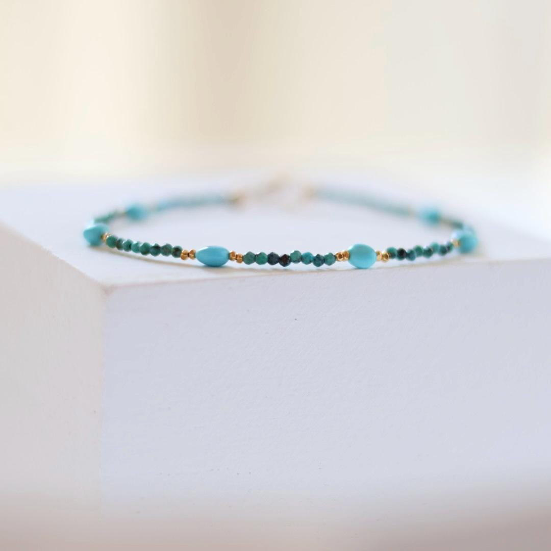 Sleeping Beauty Turquoise Bracelet Dainty Gold Filled Beads December Birthstone Minimalist Jewelry Silver Bracelet Birthday Gift Bride Wife