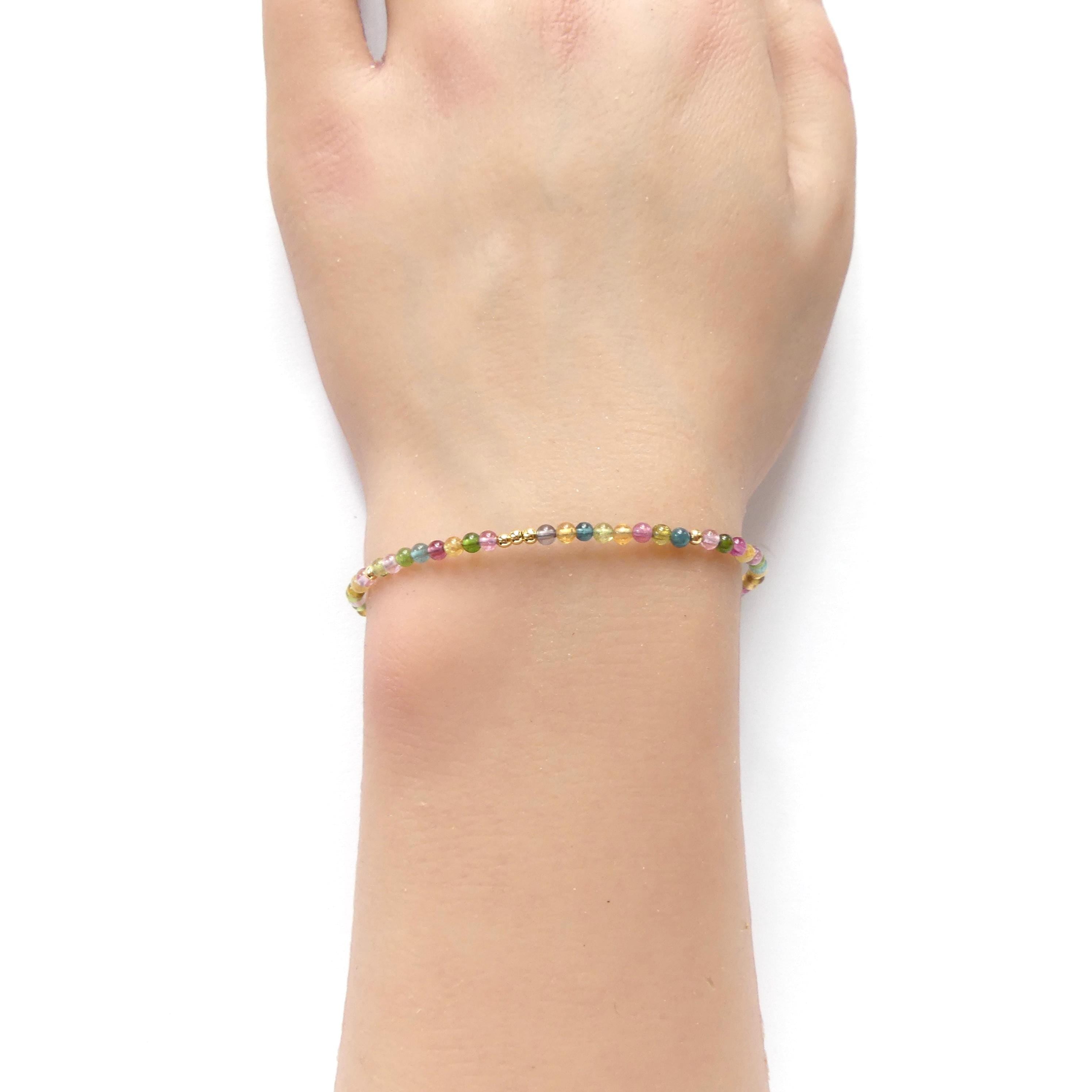 Tiny Watermelon Tourmaline Bracelet Dainty Gemstone Beaded Bracelet Colorful Crystal October Birthstone Jewelry Rainbow Birthday Gift Wife