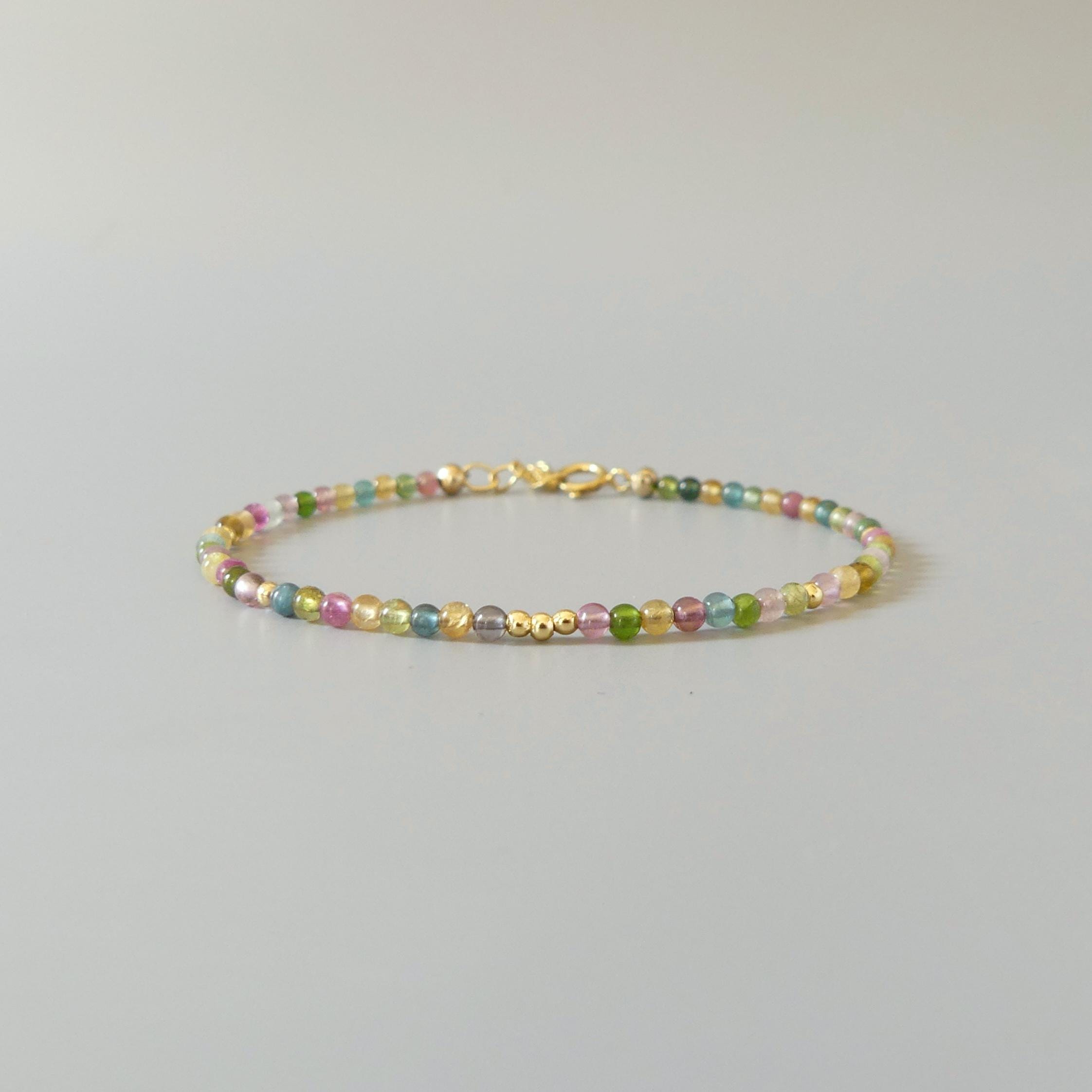 Tiny Watermelon Tourmaline Bracelet Dainty Gemstone Beaded Bracelet Colorful Crystal October Birthstone Jewelry Rainbow Birthday Gift Wife