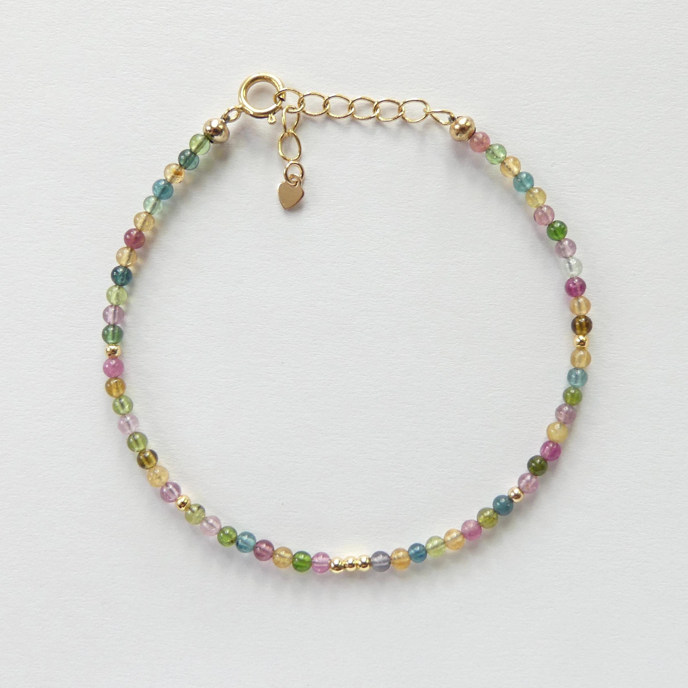 Tiny Watermelon Tourmaline Bracelet Dainty Gemstone Beaded Bracelet Colorful Crystal October Birthstone Jewelry Rainbow Birthday Gift Wife