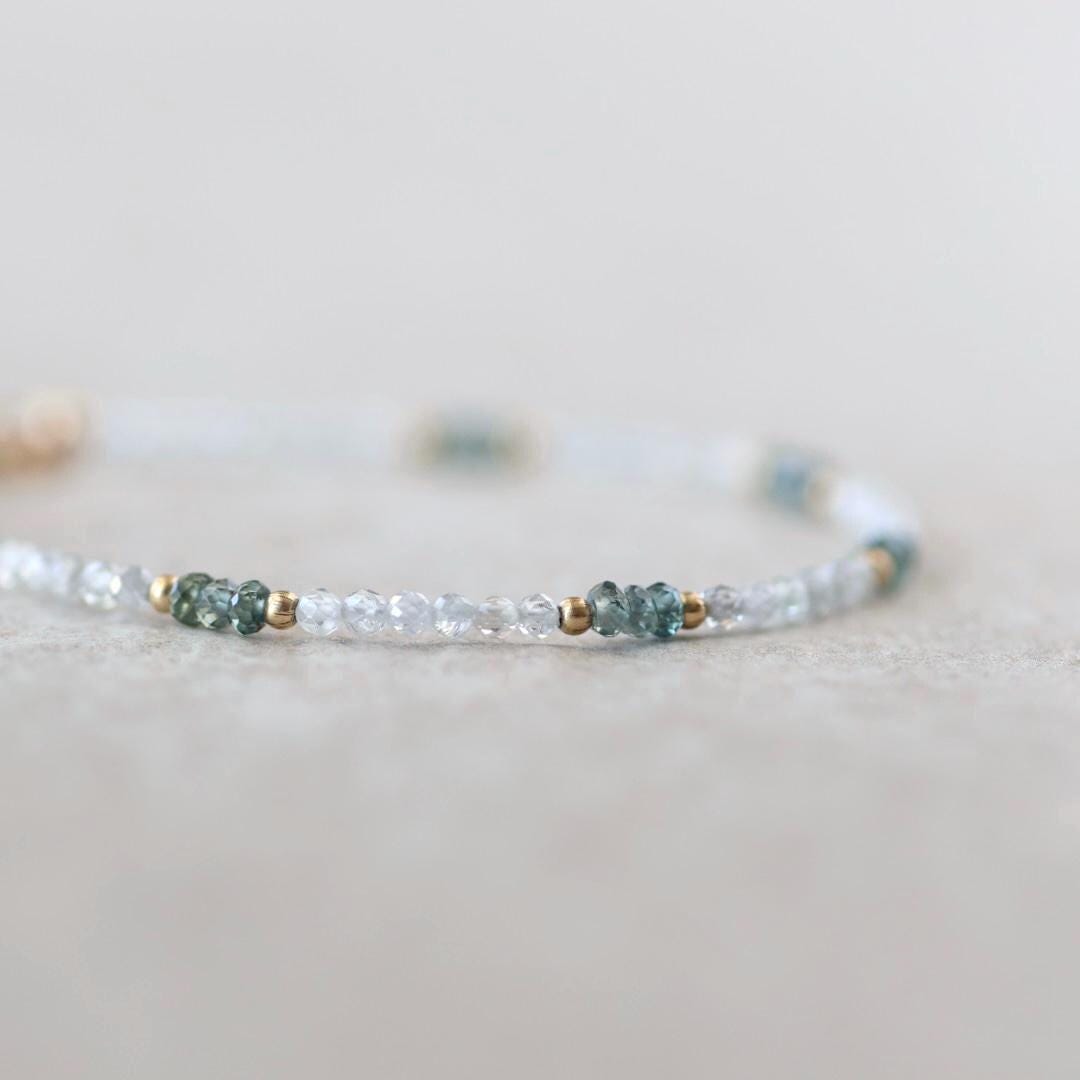 Tiny White Diamond Zircon and Green Sapphire Bracelet