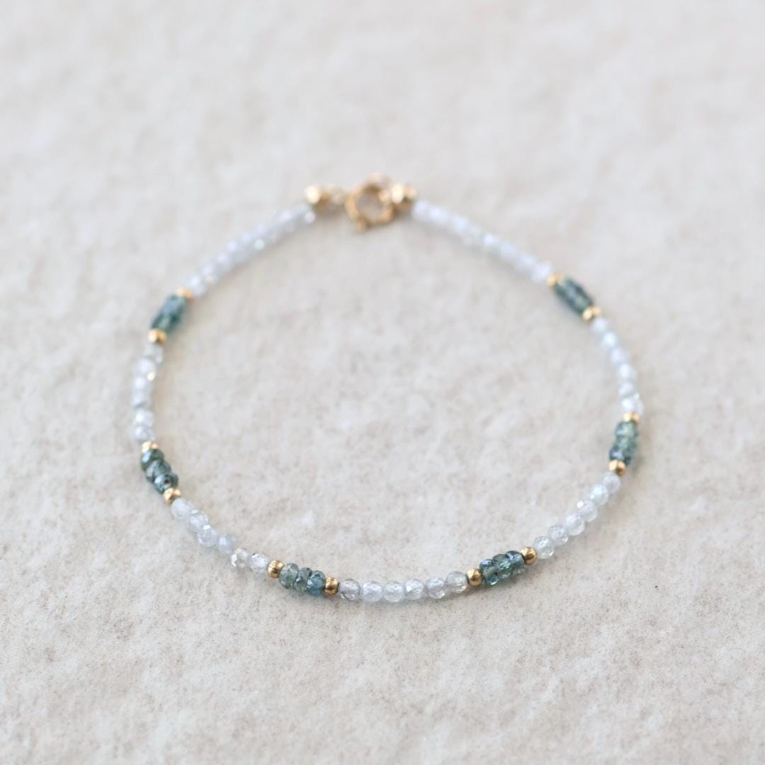 Tiny White Diamond Zircon and Green Sapphire Bracelet
