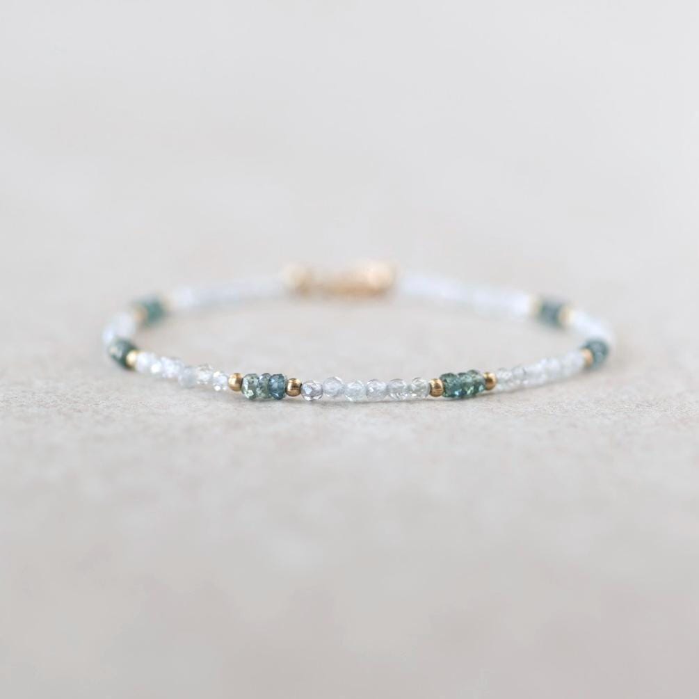 Tiny White Diamond Zircon and Green Sapphire Bracelet