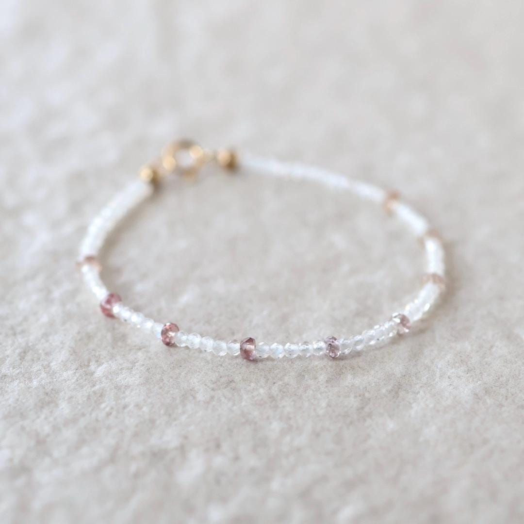 Tiny White Moonstone and Pink Garnet Bracelet