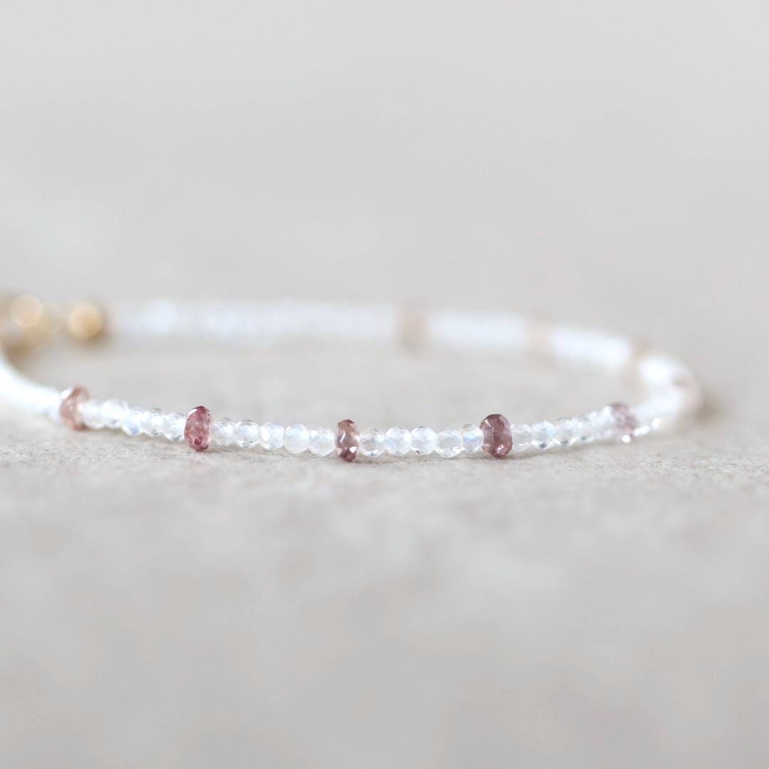 Tiny White Moonstone and Pink Garnet Bracelet