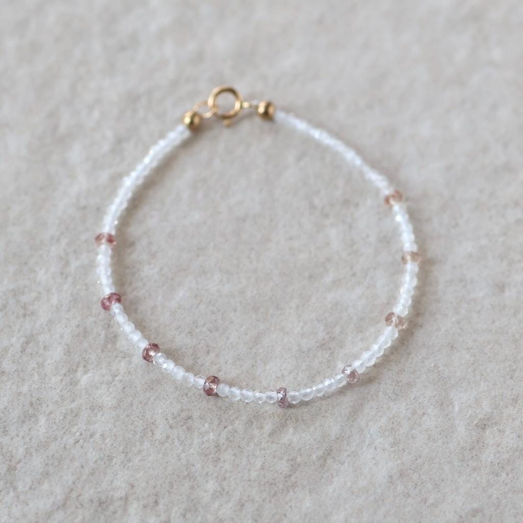 Tiny White Moonstone and Pink Garnet Bracelet