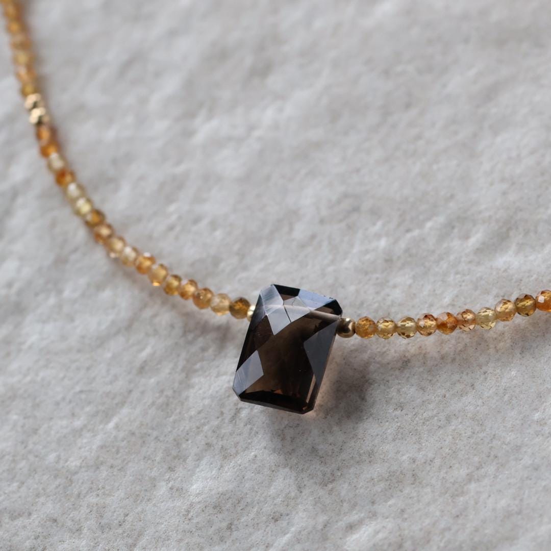 Tiny Smoky Quartz and Yellow Tourmaline Beaded Necklace