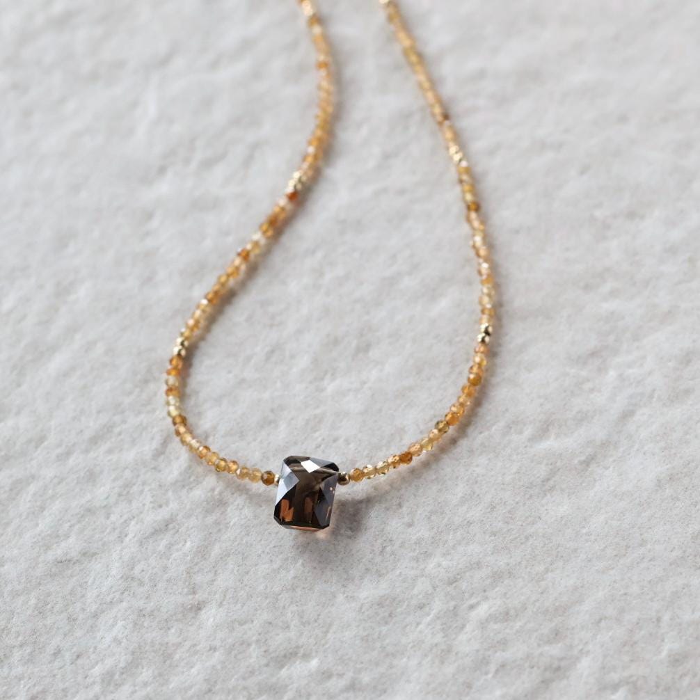 Tiny Smoky Quartz and Yellow Tourmaline Beaded Necklace