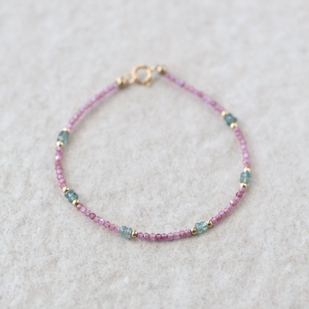 Tiny Pink Garnet and Green Sapphire Bracelet