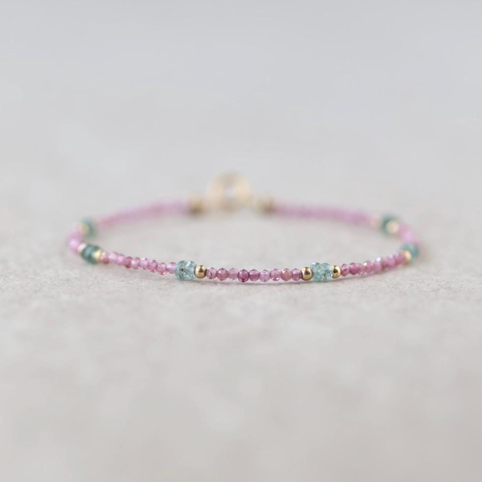 Tiny Pink Garnet and Green Sapphire Bracelet