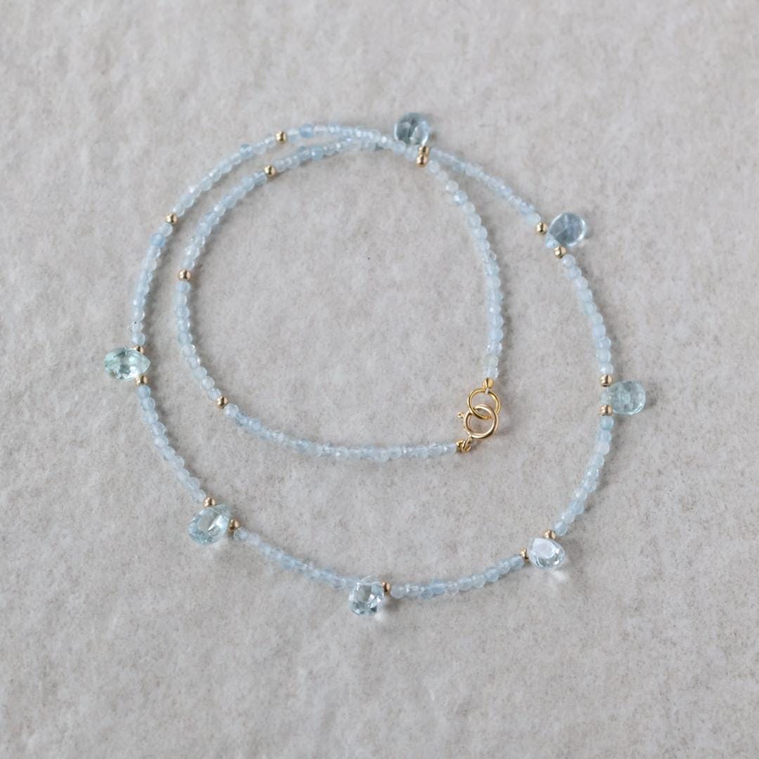 Dainty Aquamarine Necklace Beaded Choker Layering Simple Necklace Minimalist Jewelry Gift March Birthstone Necklace Mom Wife Bridesmaids