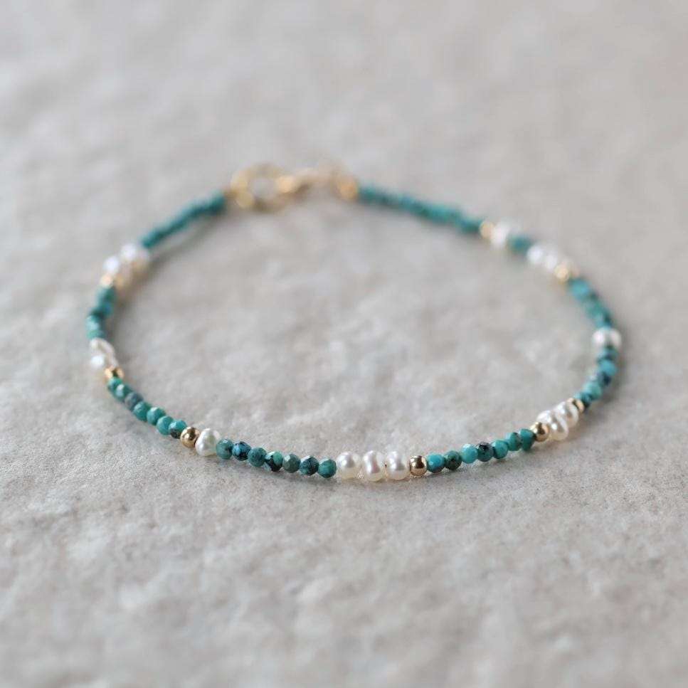 Tiny Pearl Turquoise Bracelet Dainty Gemstone Jewelry Minimalist December Birthstone June Bracelet Birthday Gift Bridesmaids Mom Wife