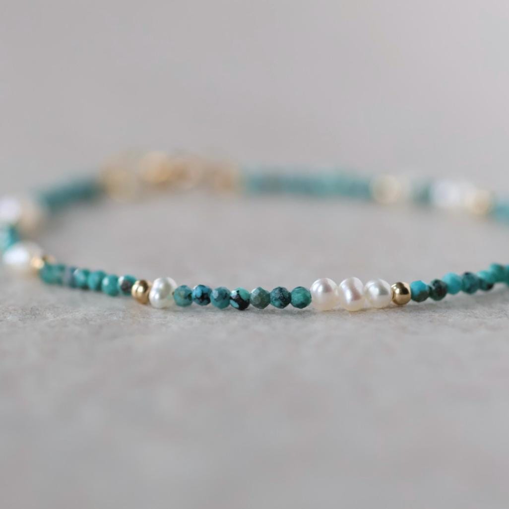Tiny Pearl Turquoise Bracelet Dainty Gemstone Jewelry Minimalist December Birthstone June Bracelet Birthday Gift Bridesmaids Mom Wife