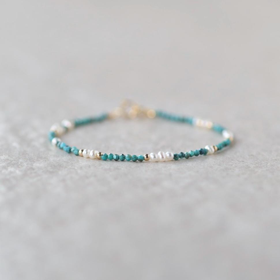 Tiny Pearl Turquoise Bracelet Dainty Gemstone Jewelry Minimalist December Birthstone June Bracelet Birthday Gift Bridesmaids Mom Wife