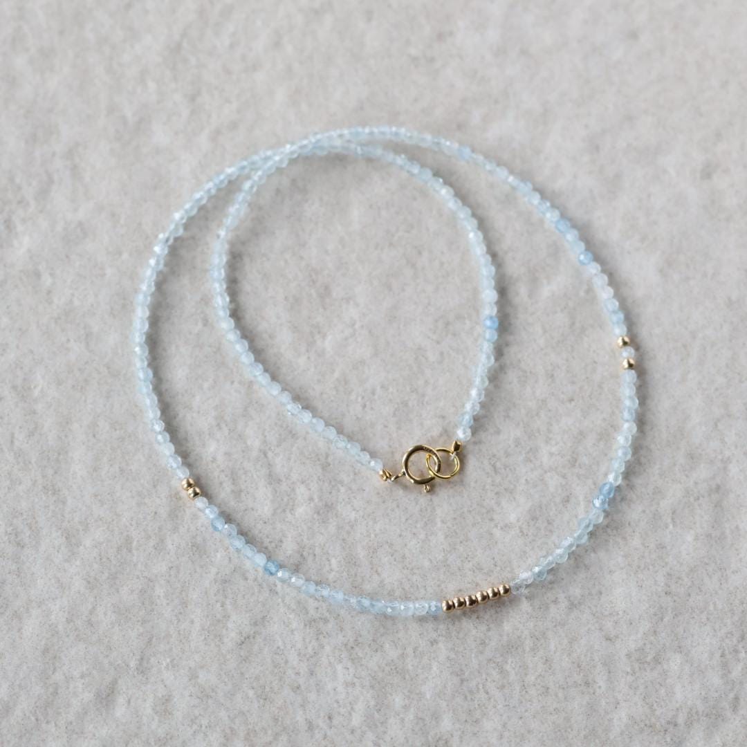 Tiny Aquamarine Necklace Dainty Beaded Choker Layering Simple Necklace Minimalist Jewelry Gift March Birthstone Mom Wife Bridesmaids