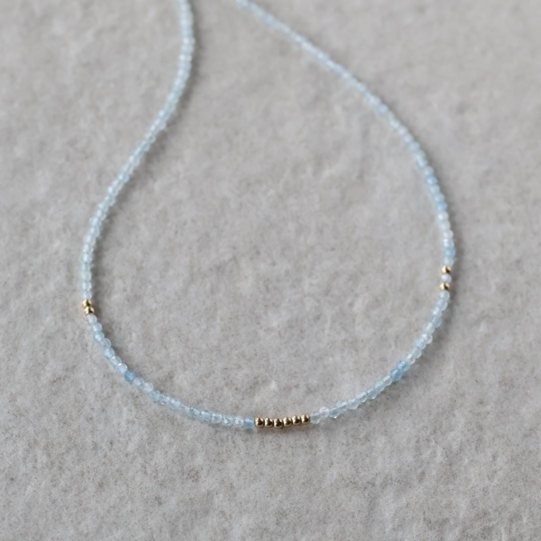 Tiny Aquamarine Necklace Dainty Beaded Choker Layering Simple Necklace Minimalist Jewelry Gift March Birthstone Mom Wife Bridesmaids
