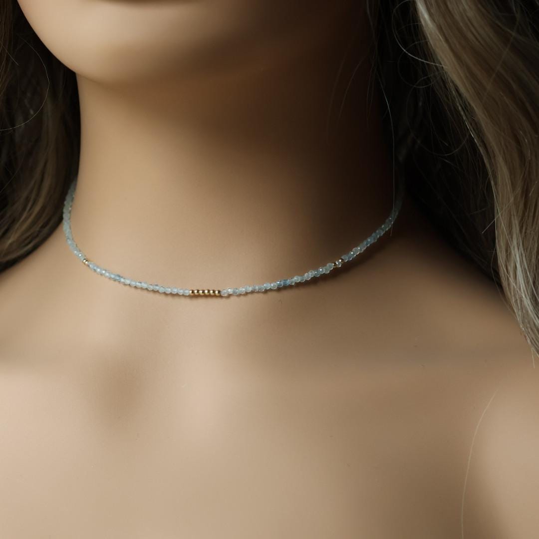 Tiny Aquamarine Necklace Dainty Beaded Choker Layering Simple Necklace Minimalist Jewelry Gift March Birthstone Mom Wife Bridesmaids